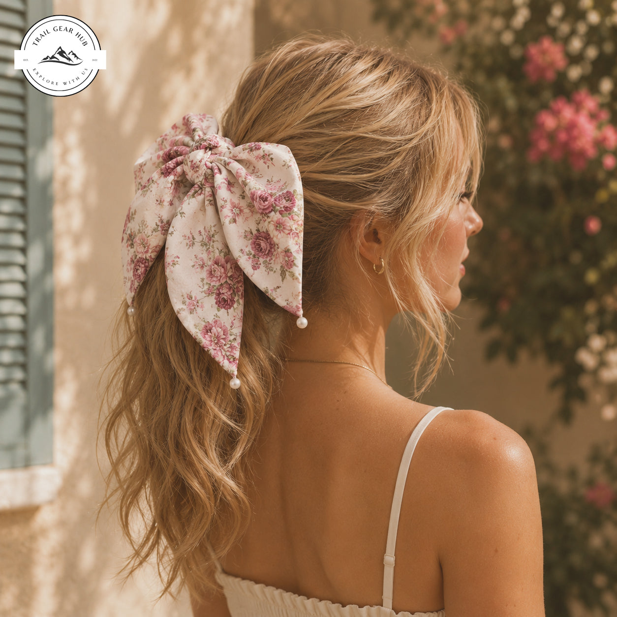 Romantic Rose Floral Satin Pearl Hair Tie TG08SPHT