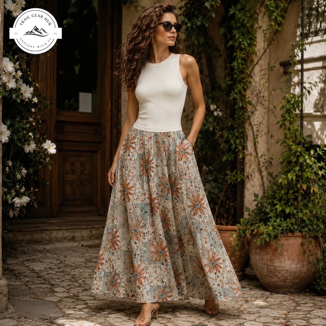 Boho Floral Women's Maxi Chiffon Skirts With Lining TG09