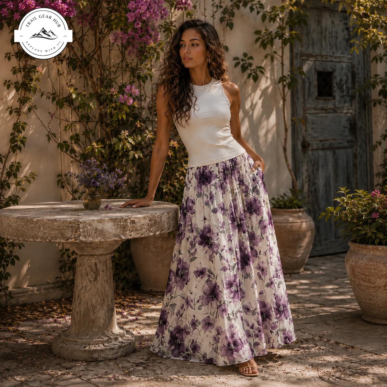 Elegant Purple Floral Women's Maxi Chiffon Skirts With Lining TG10
