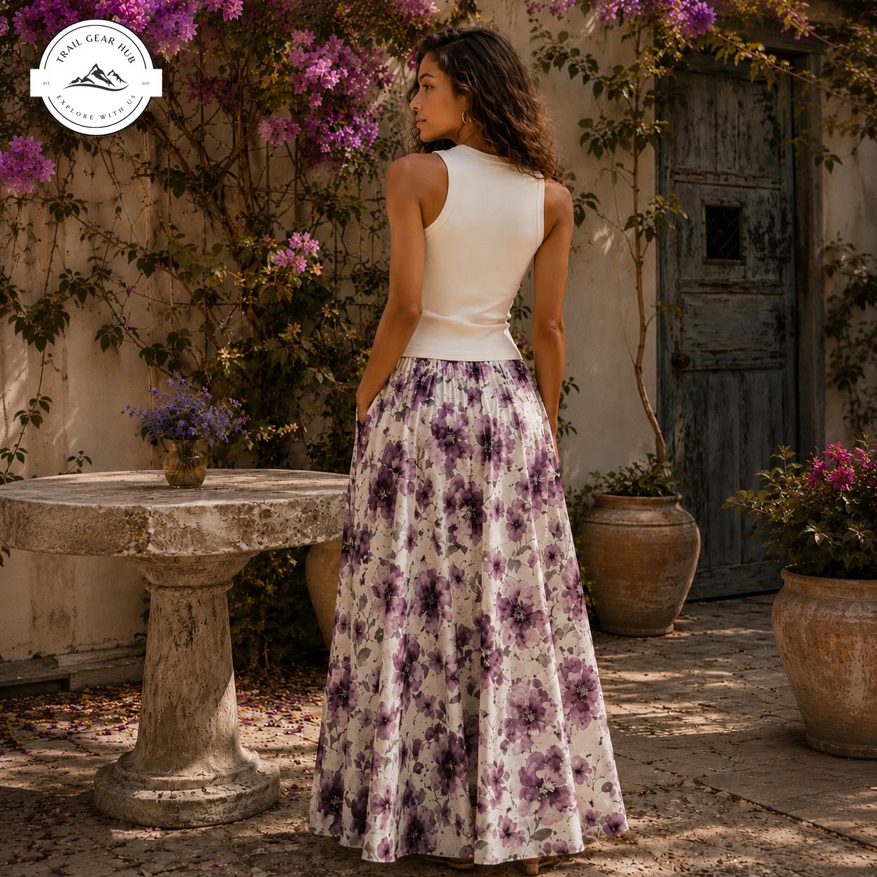 Elegant Purple Floral Women's Maxi Chiffon Skirts With Lining TG10