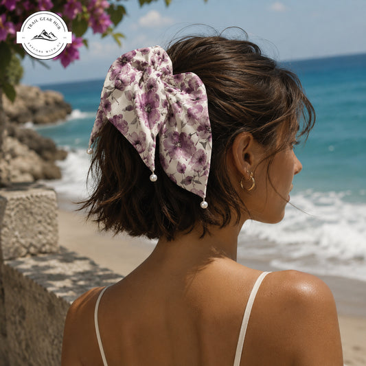 Elegant Purple Floral Satin Pearl Hair Tie TG10SPHT