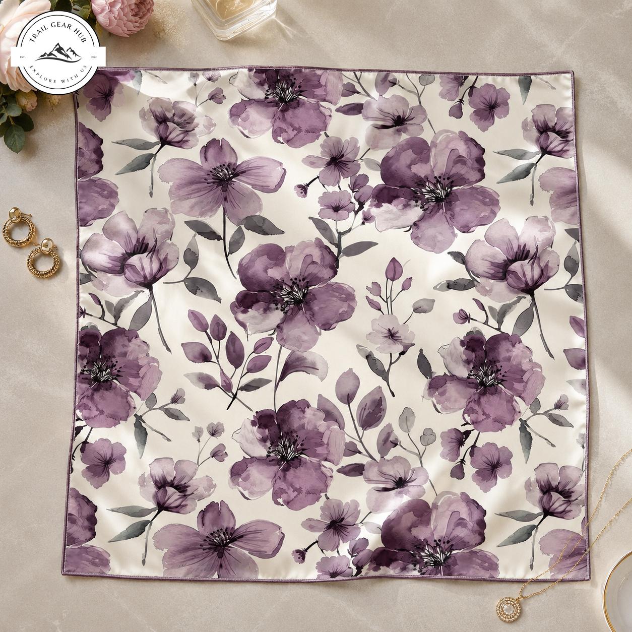 Elegant Purple Floral Satin Square Scarf TG10SSBD