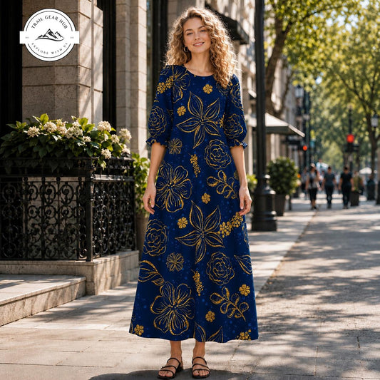 Floral Line Art Women's Mid Length Sleeve Dress TG10