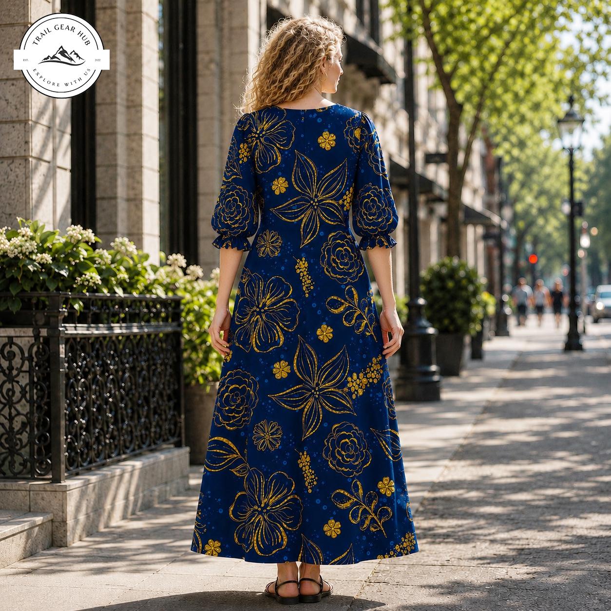 Floral Line Art Women's Mid Length Sleeve Dress TG10