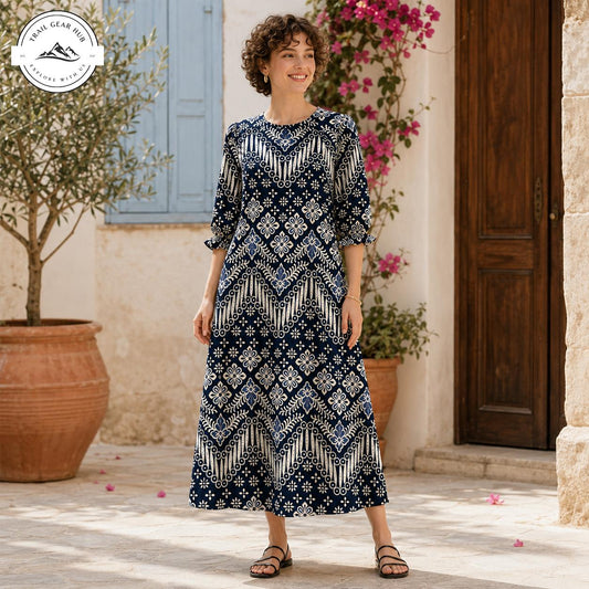 Boho Geometric Print Women's Mid Length Sleeve Dress TG11