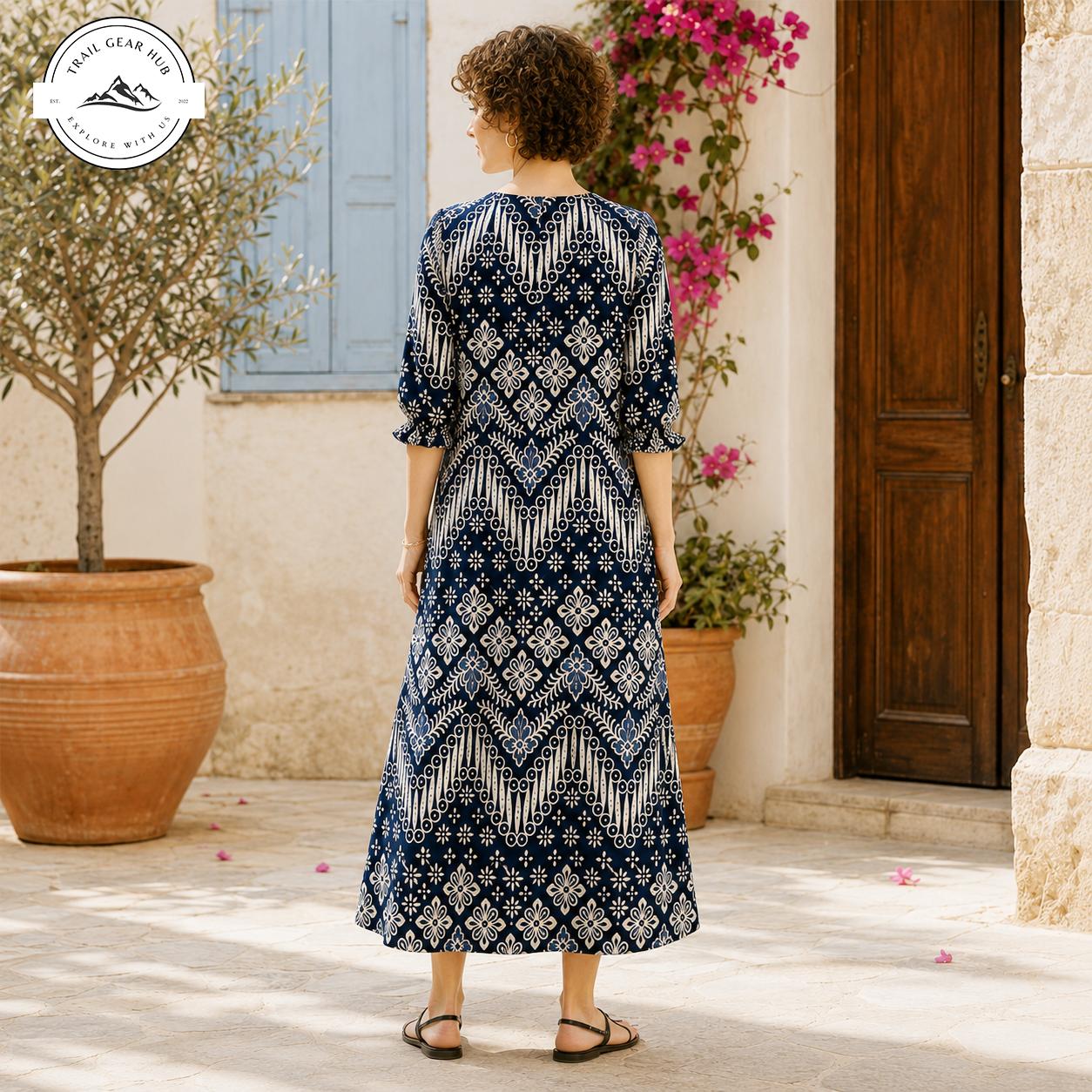 Boho Geometric Print Women's Mid Length Sleeve Dress TG11