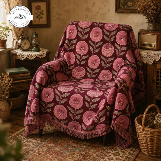 Bohemian Burgundy Flower Woven Throw Blankets TG12