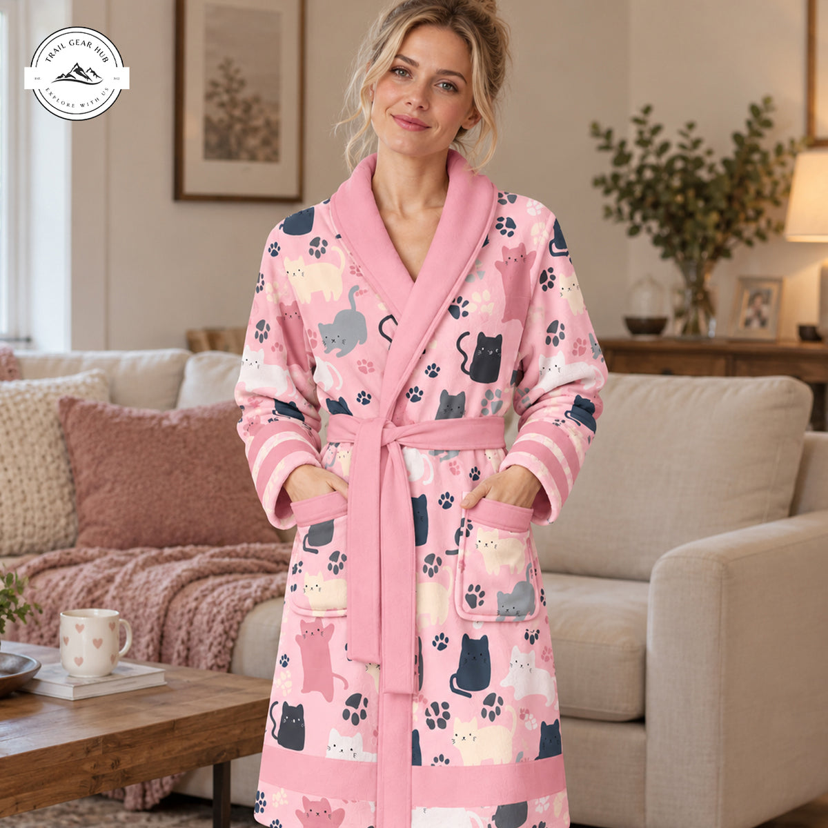 Cute Pink Cat Print Bathrobes TN11