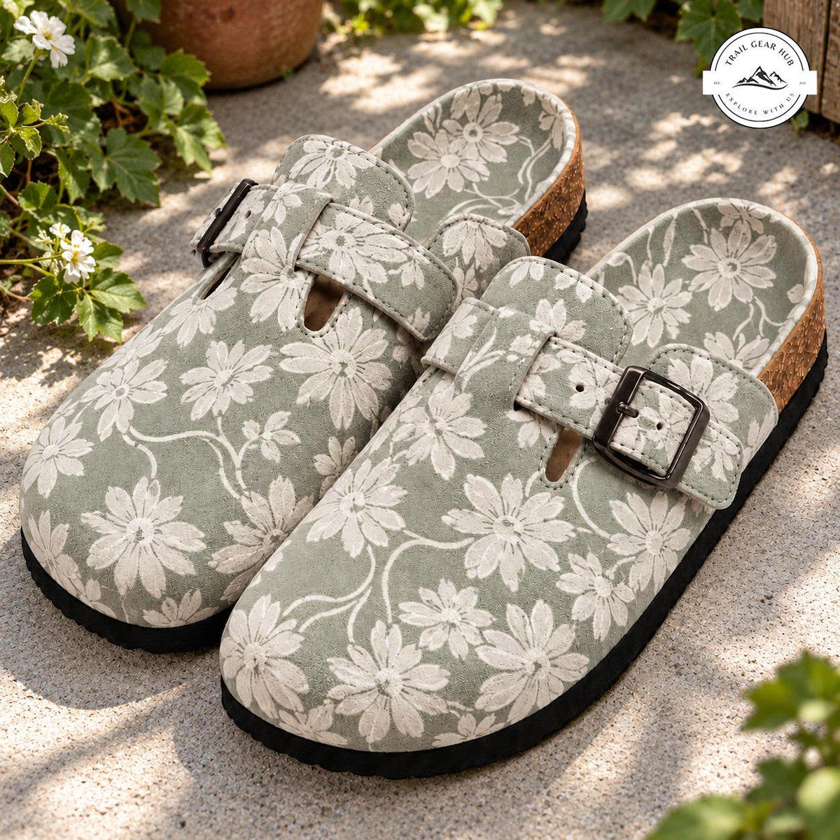 Sage Green Daisy Pattern Suede Mules Slippers TN08
