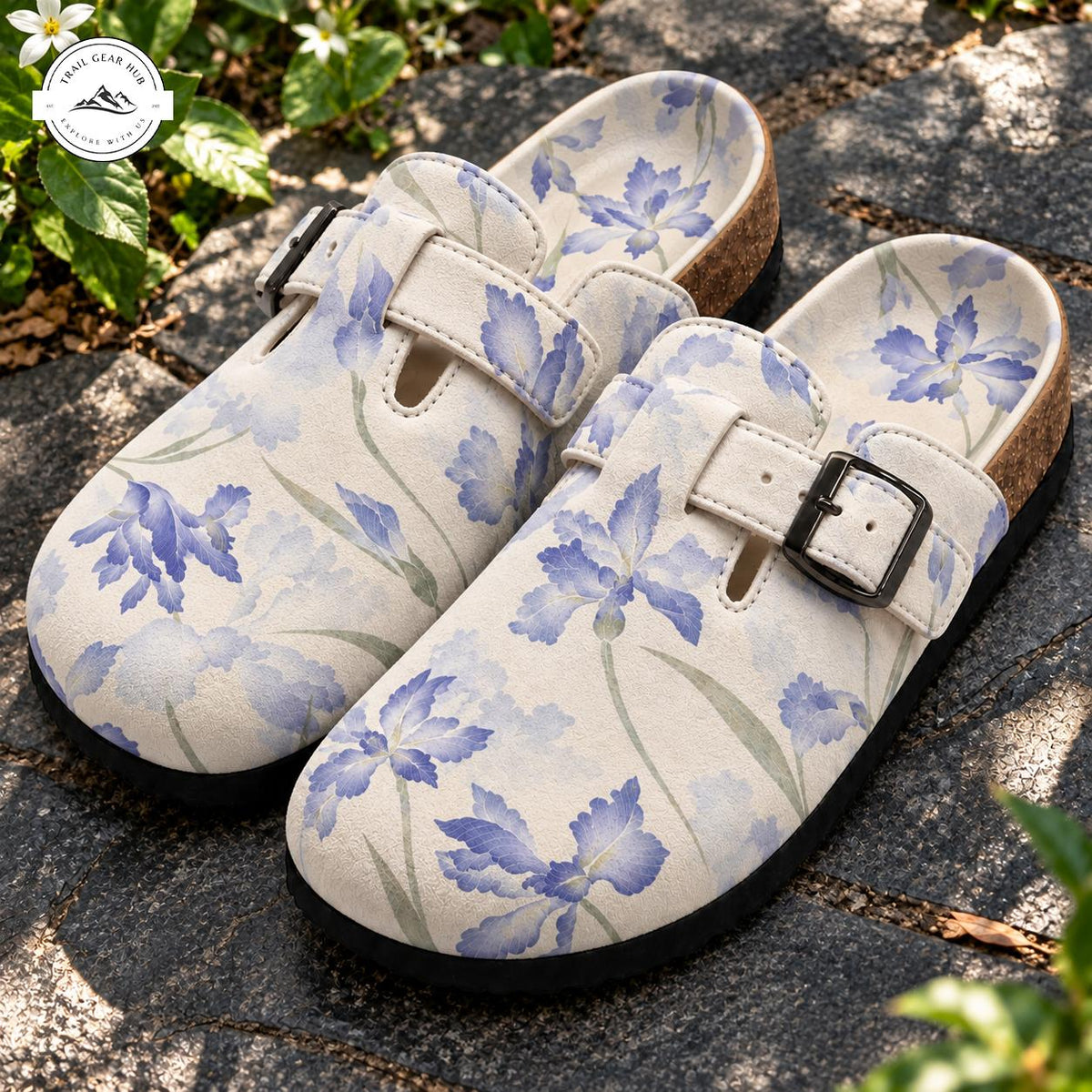Blue Iris Floral Suede Mules Slippers TN10