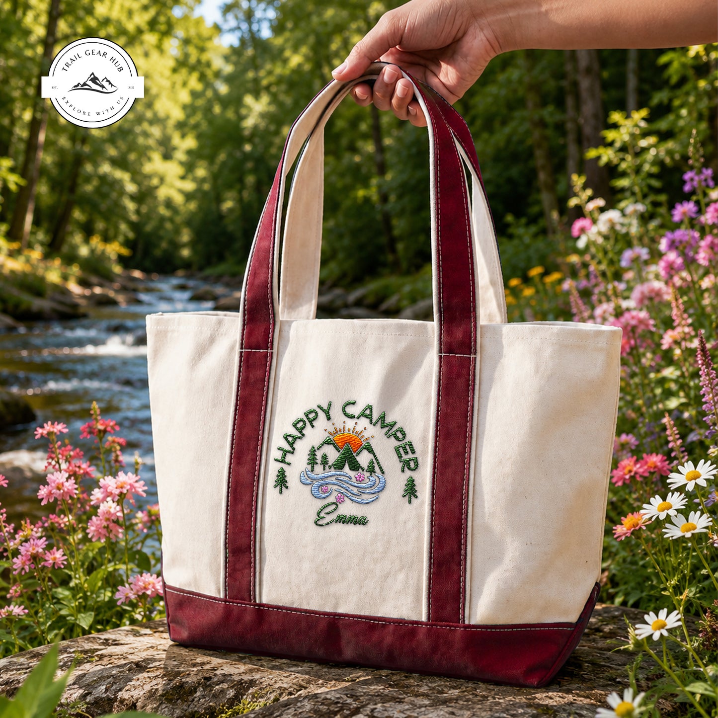 Happy Camper Personalized Embroidered Canvas Tote Bag TN01