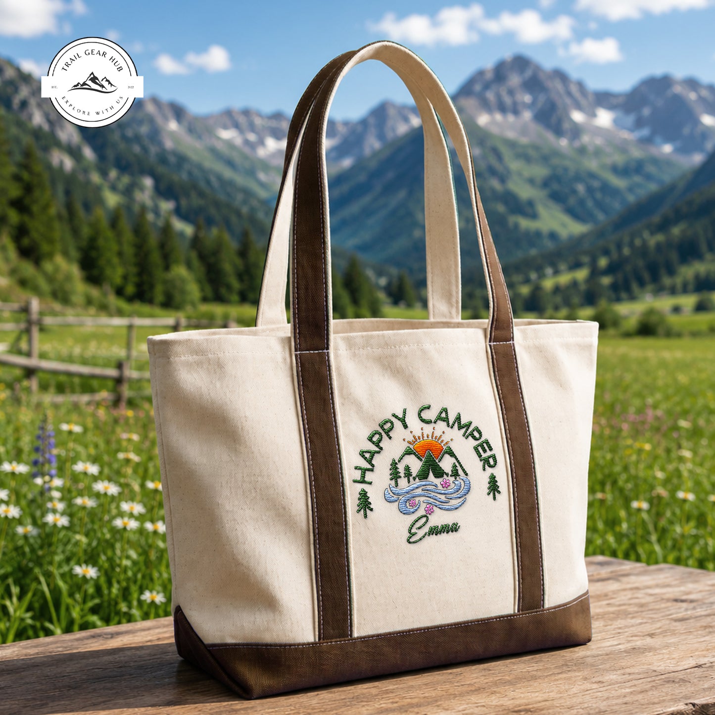 Happy Camper Personalized Embroidered Canvas Tote Bag TN01