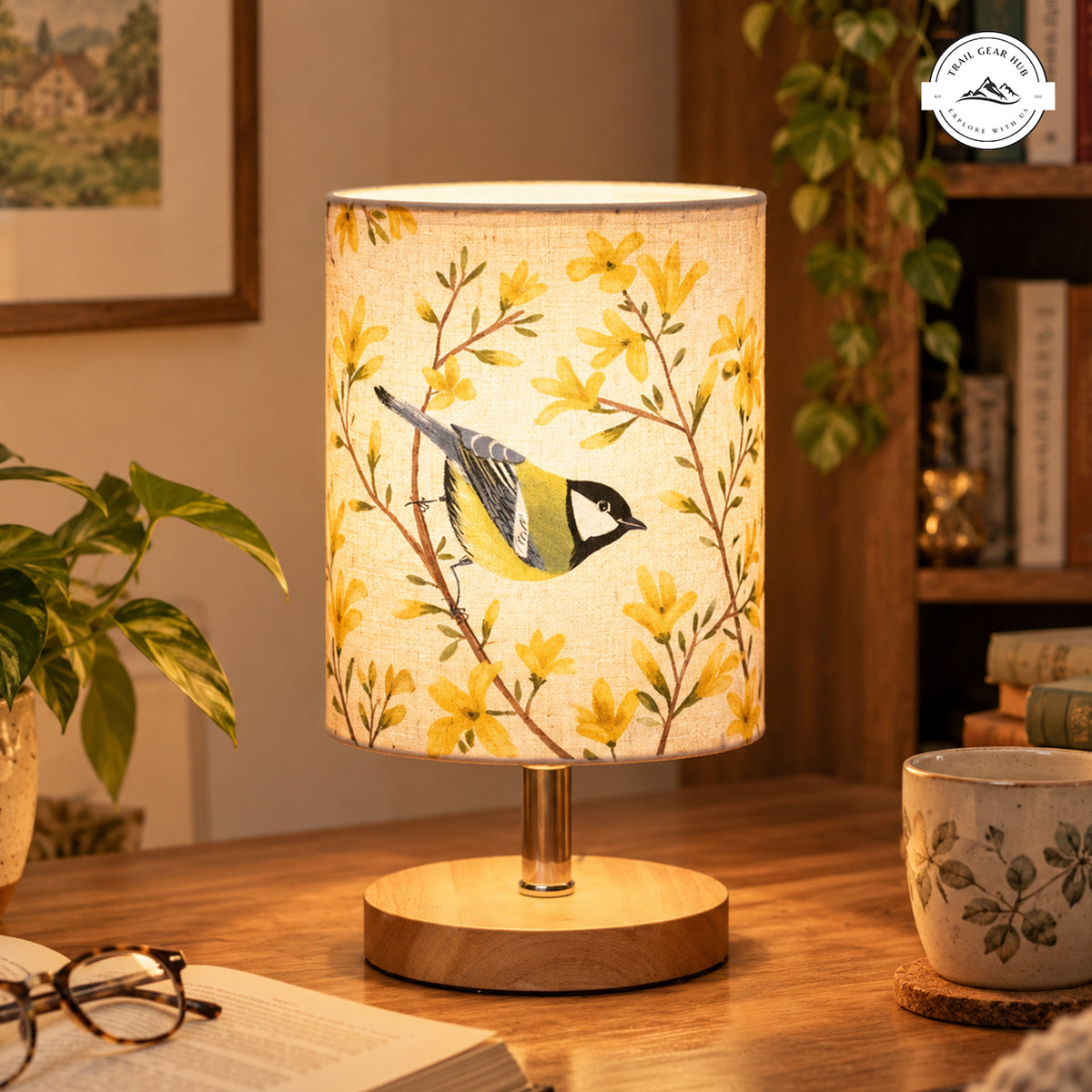Great Tit & Yellow Floral Fabric Lamp TN06