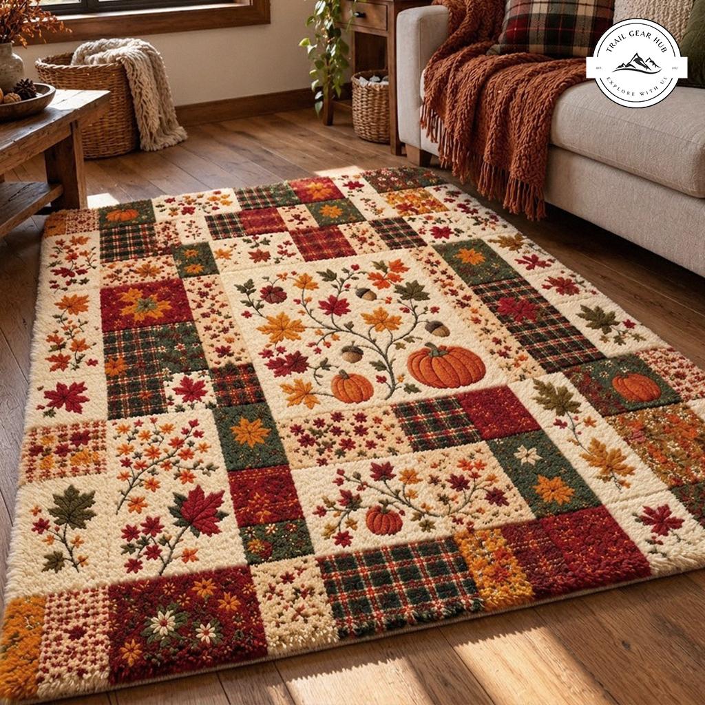 Autumn Maple Leaves & Pumpkin Patchwork Premium Faux Cashmere Area Rug TN01