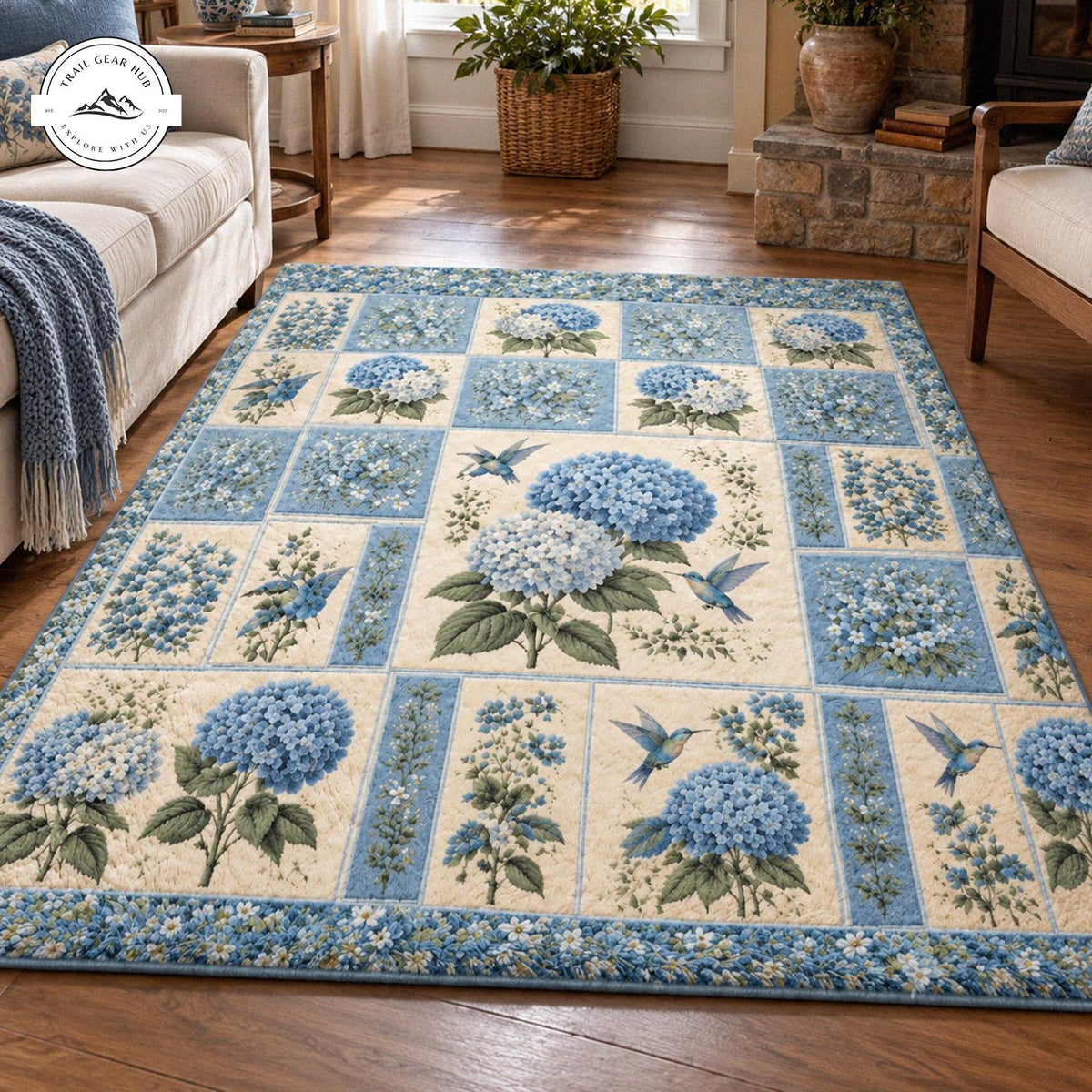 Blue Hydrangea Premium Faux Cashmere Area Rug TN03