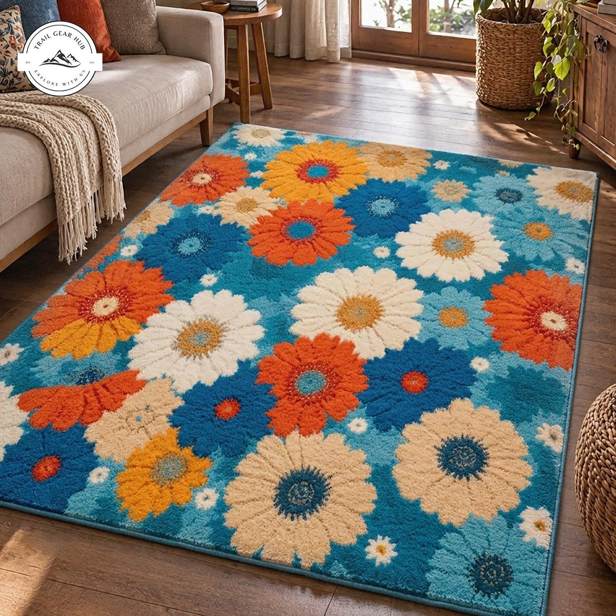 Bohemian Teal Floral Premium Faux Cashmere Area Rug TN04