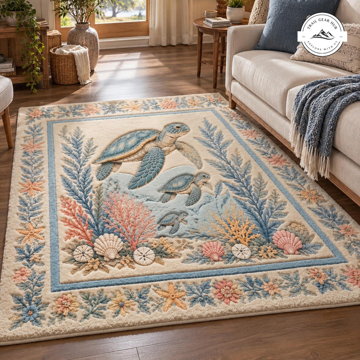 Pastel Ocean Sea Turtle Premium Faux Cashmere Area Rug TN05