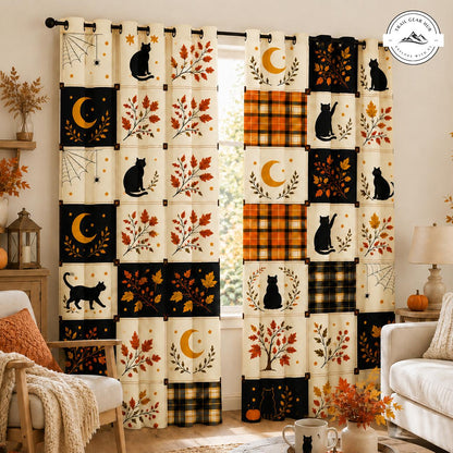 Cozy Autumn Black Cat & Crescent Moon Grommet Curtains TN09