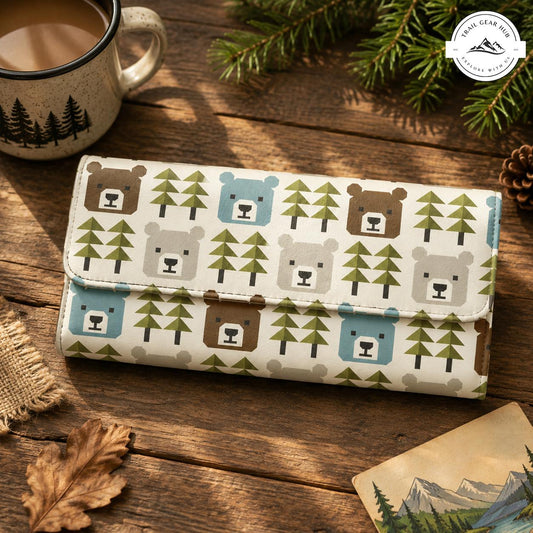 Woodland Bear and Pine Tree Long Folding Wallet TN12