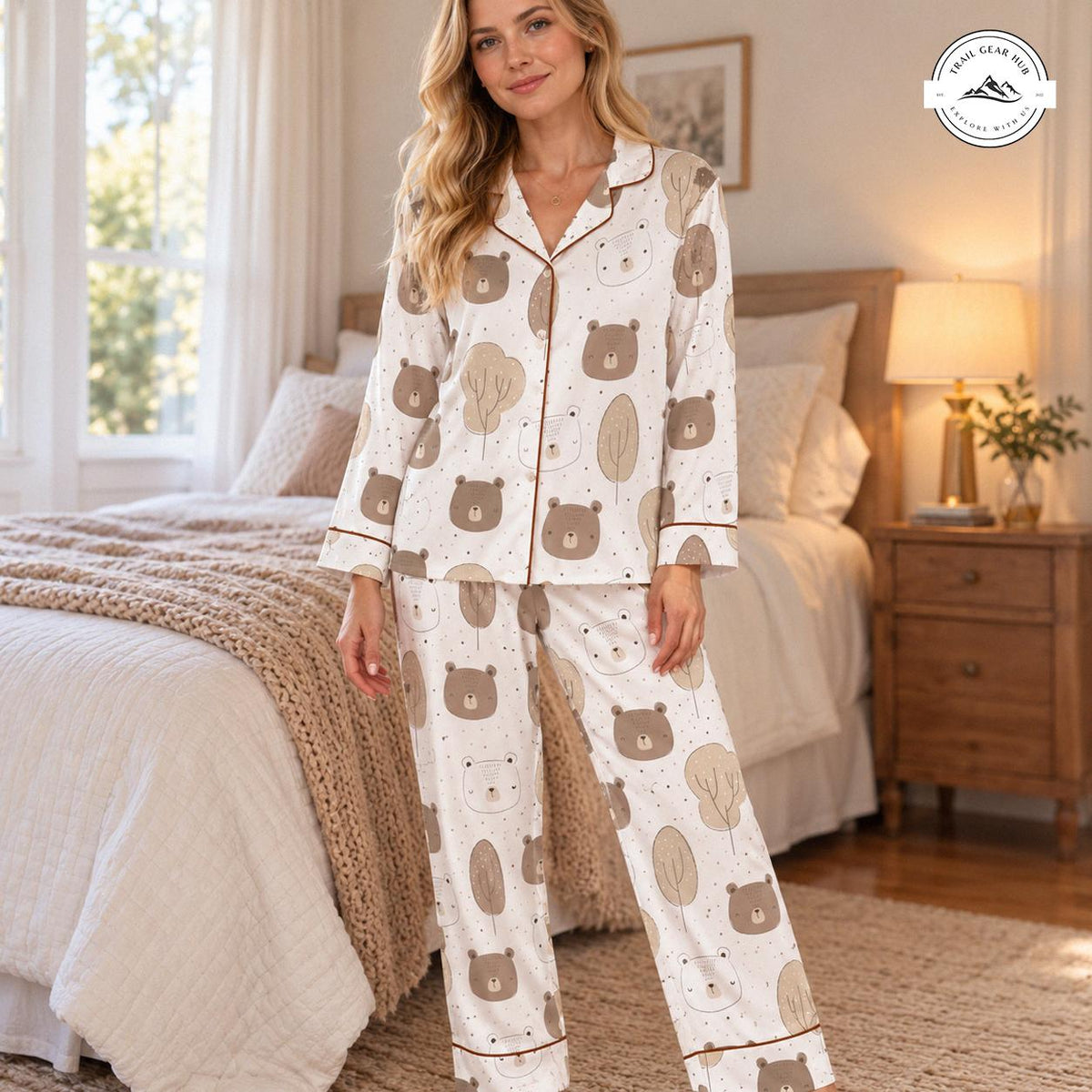 Cute Bear & Tree Print Women Long Satin Pajama TN05