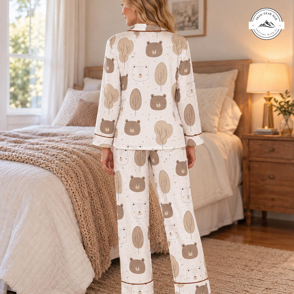 Cute Bear & Tree Print Women Long Satin Pajama TN05