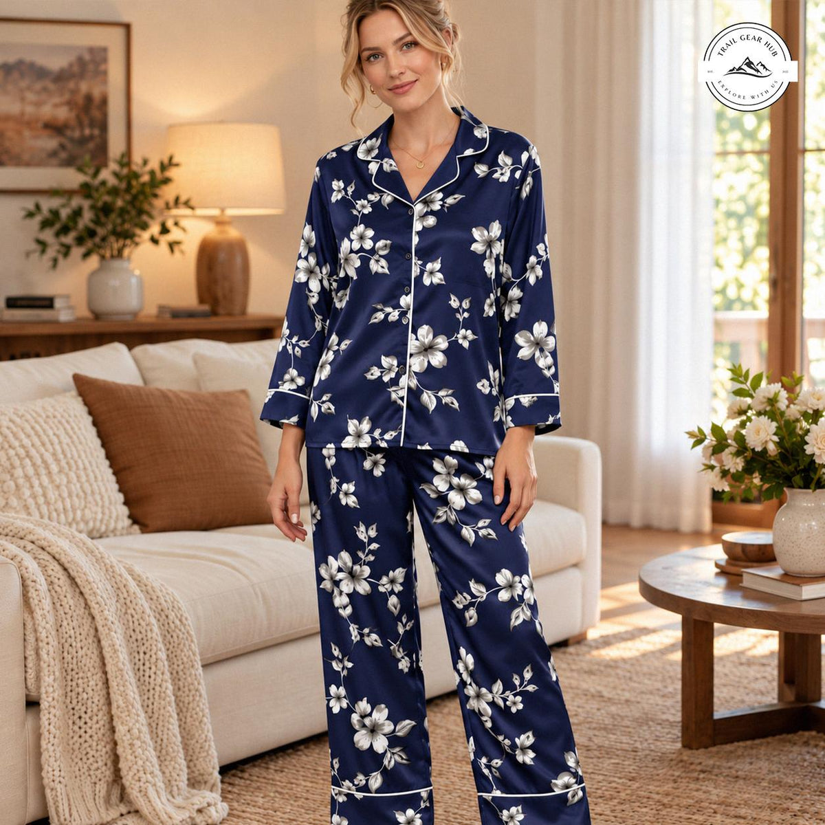Navy Blue Floral Women Long Satin Pajama TN06