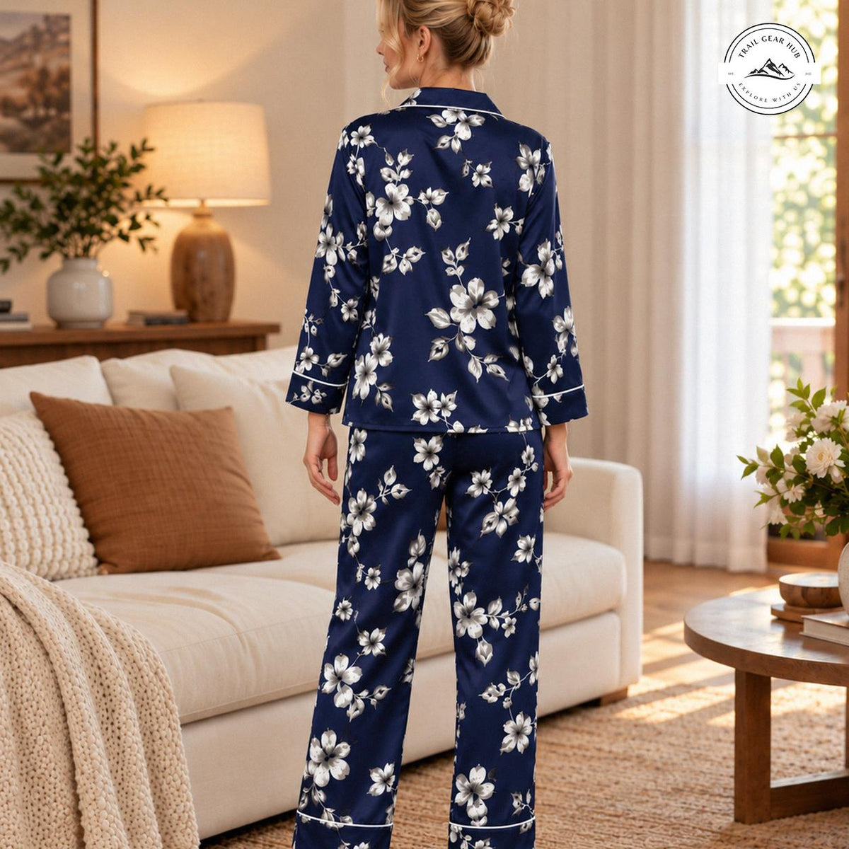 Navy Blue Floral Women Long Satin Pajama TN06