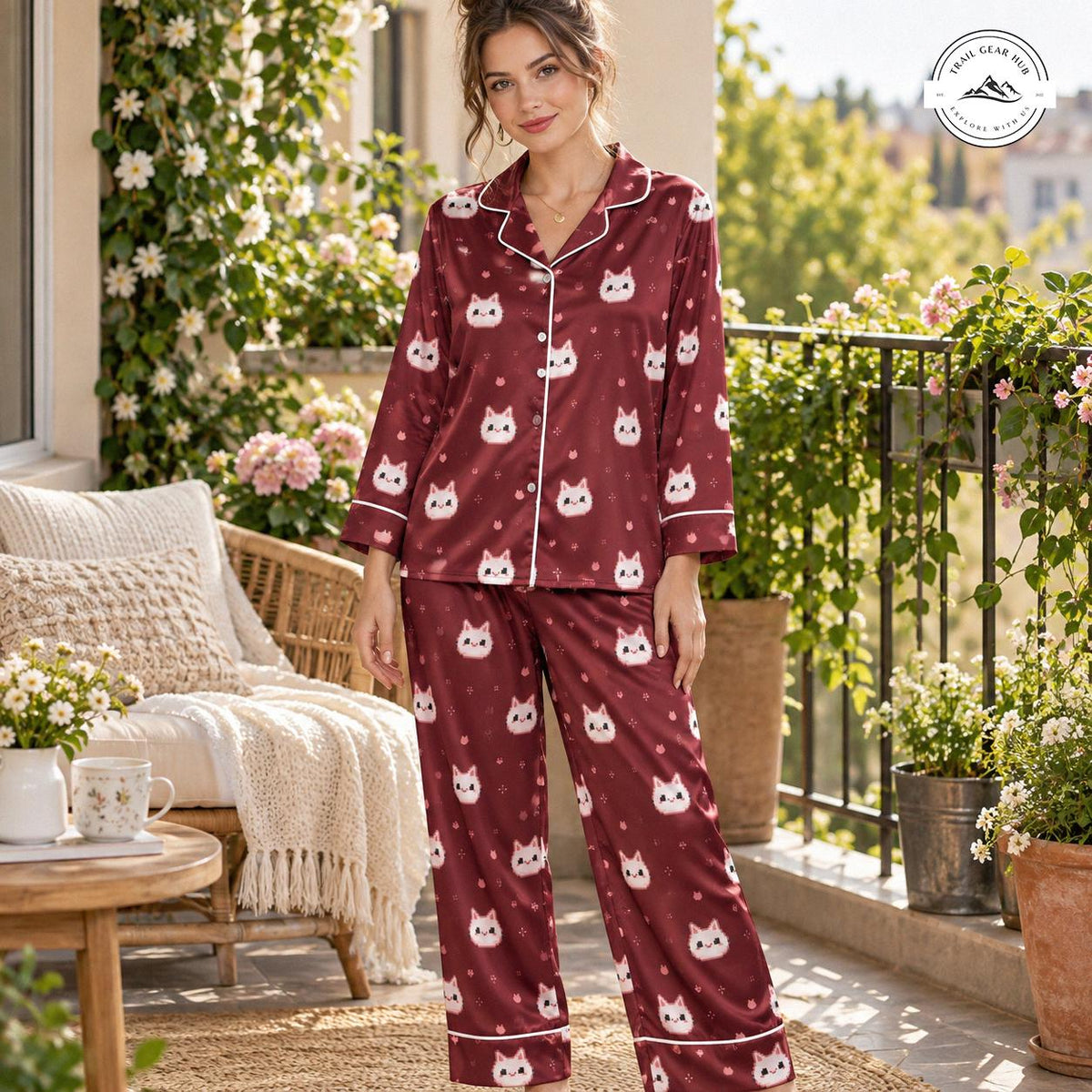 Burgundy Cat Pattern Women Long Satin Pajama TN07