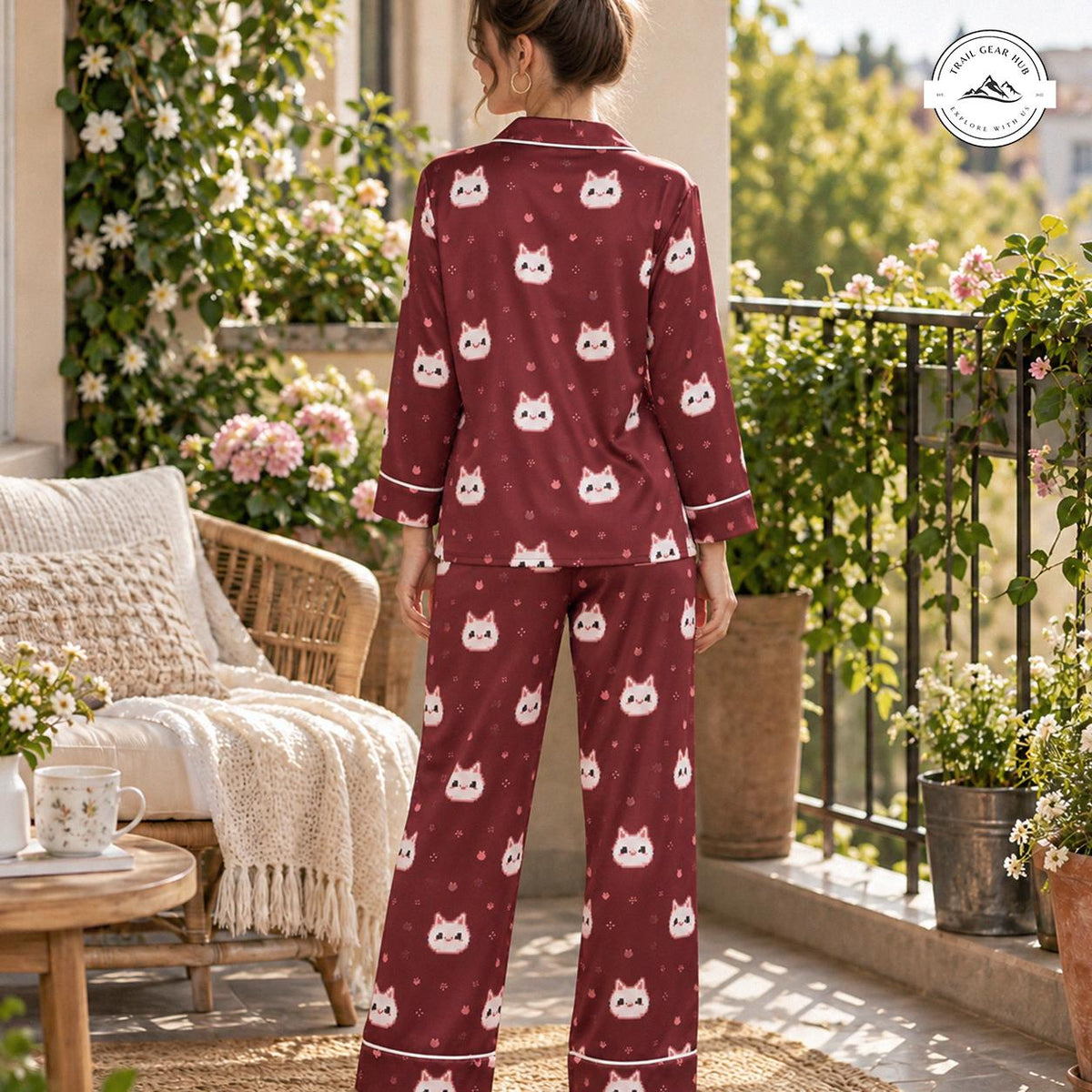 Burgundy Cat Pattern Women Long Satin Pajama TN07