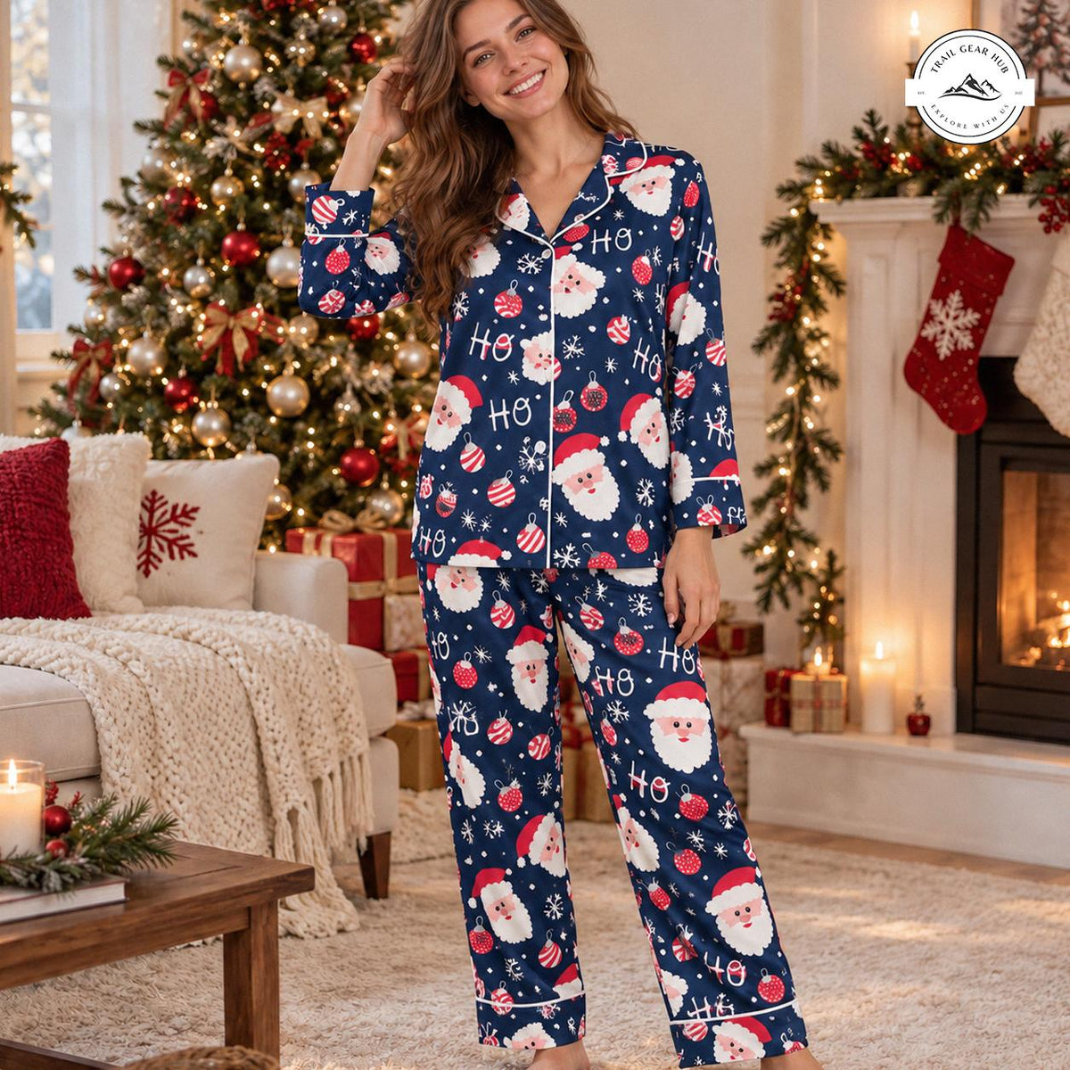 Festive Santa Clause Print Women Long Satin Pajama TN08