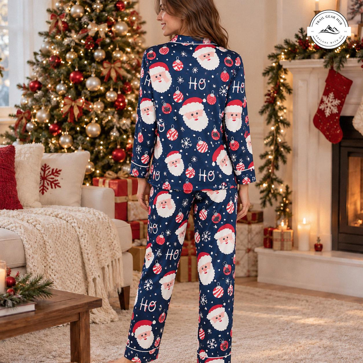 Festive Santa Clause Print Women Long Satin Pajama TN08