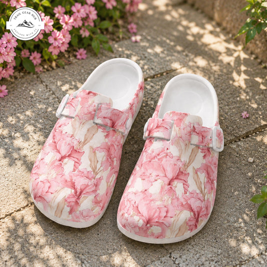 Pink Iris Floral Garden Nurse Clogs TN09
