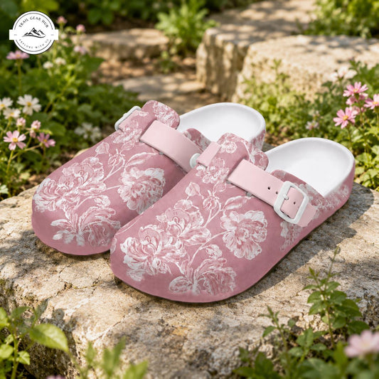 Vintage Pink Rose Floral Nurse Clogs TN16