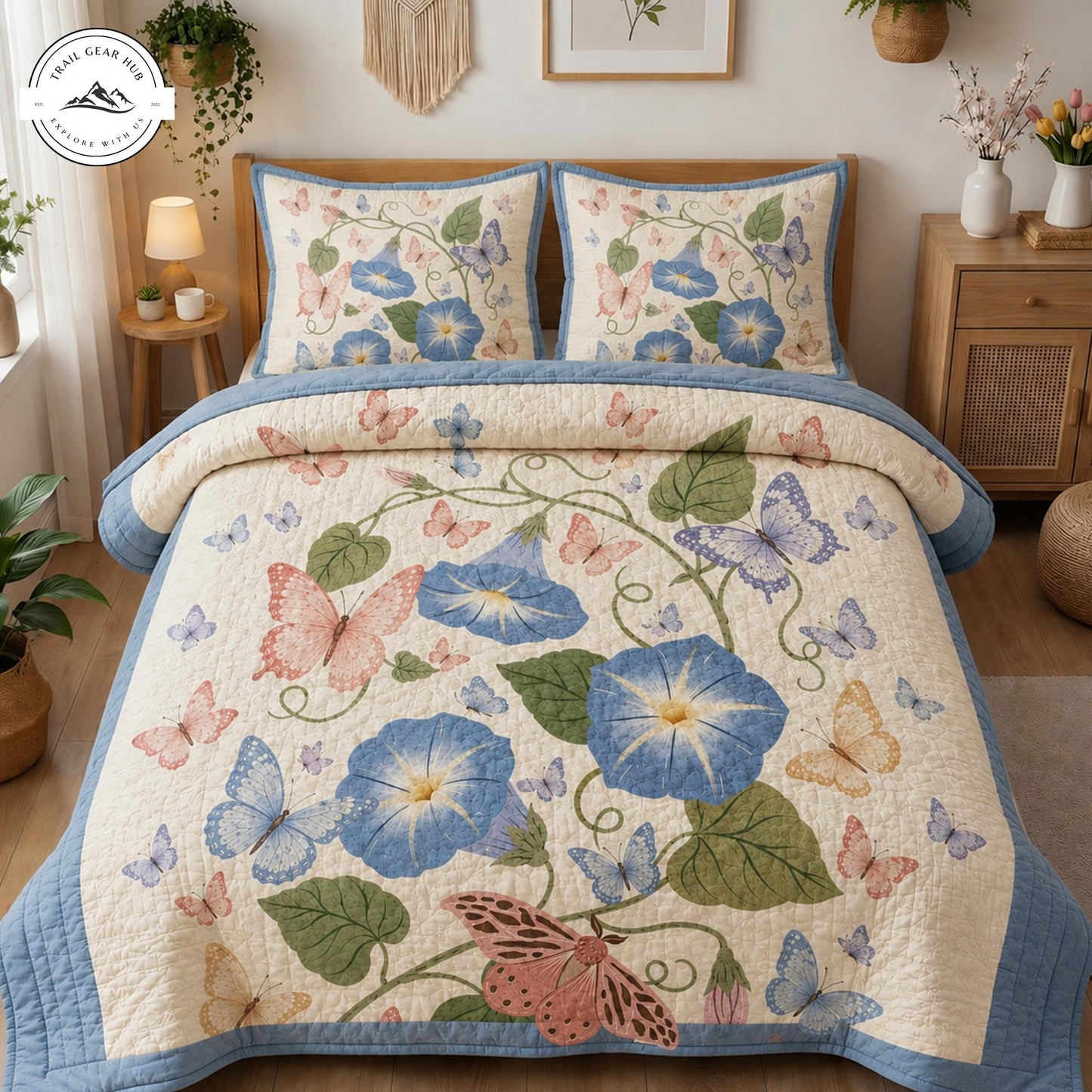 Morning Glory & Butterfly Quilted Bedding Set TN43
