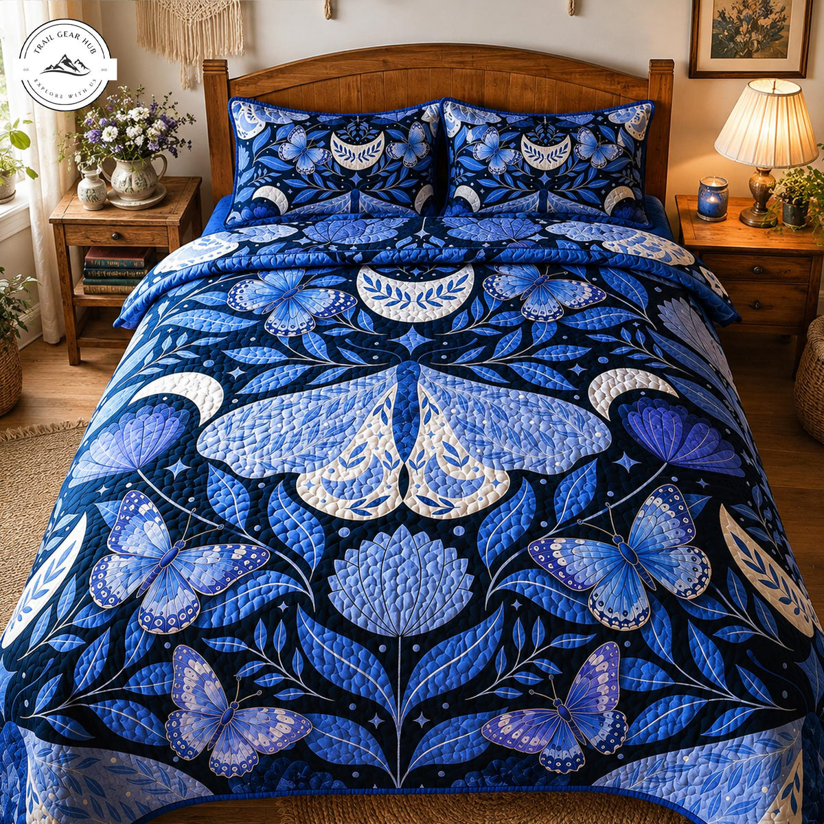 Blue Moth & Butterfly Quilted Bedding Set TN44