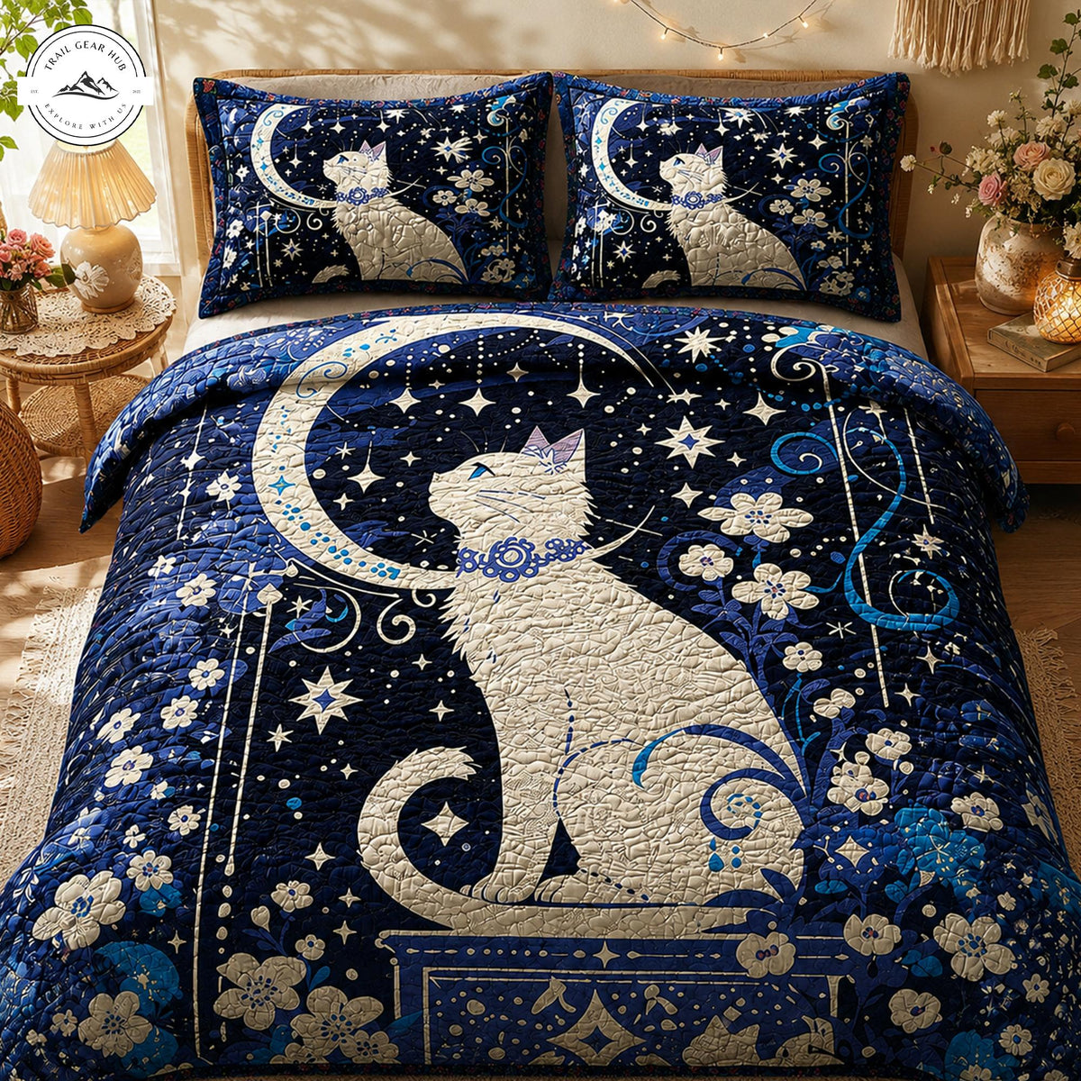 Mystical Celestial White Cat Quilted Bedding Set TN45