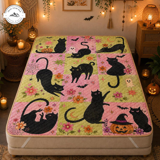 Pink Halloween Black Cat Quilted Mattress Cover TN73QLTMTC