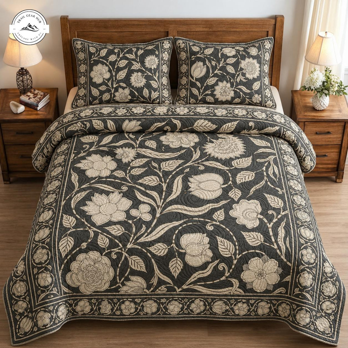Dark Grey & Beige Botanical Quilted Bedding Set TN125