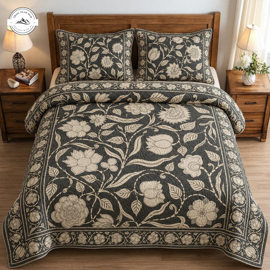 Dark Grey & Beige Botanical Quilted Bedding Set TN125