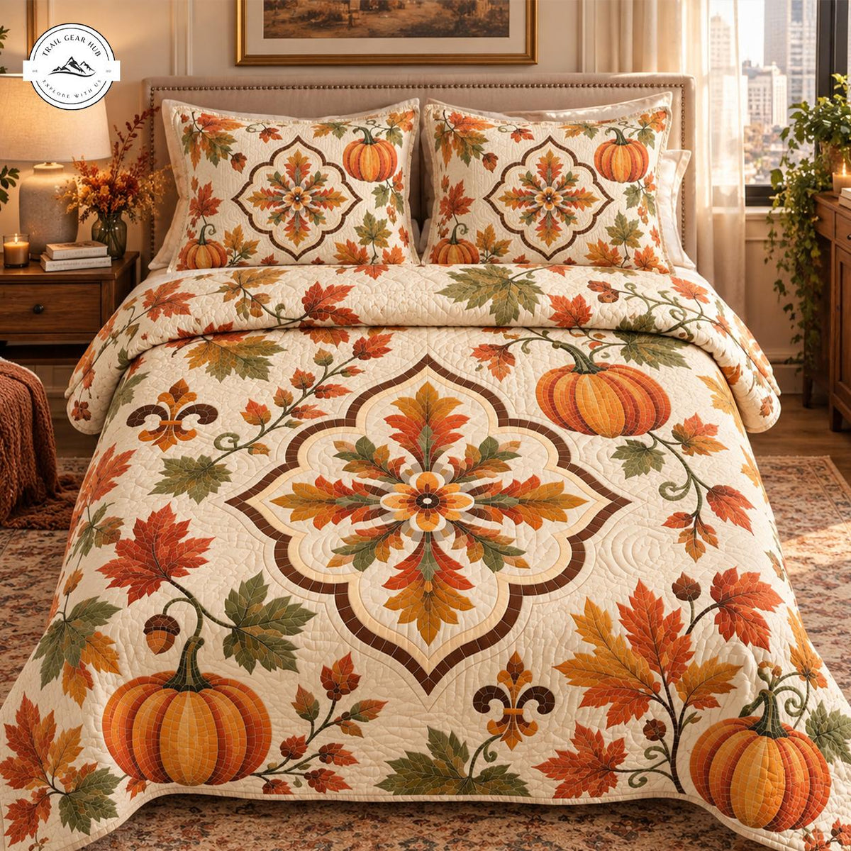 Pumpkin & Maple Leaf Floral Quilted Bedding Set TN126
