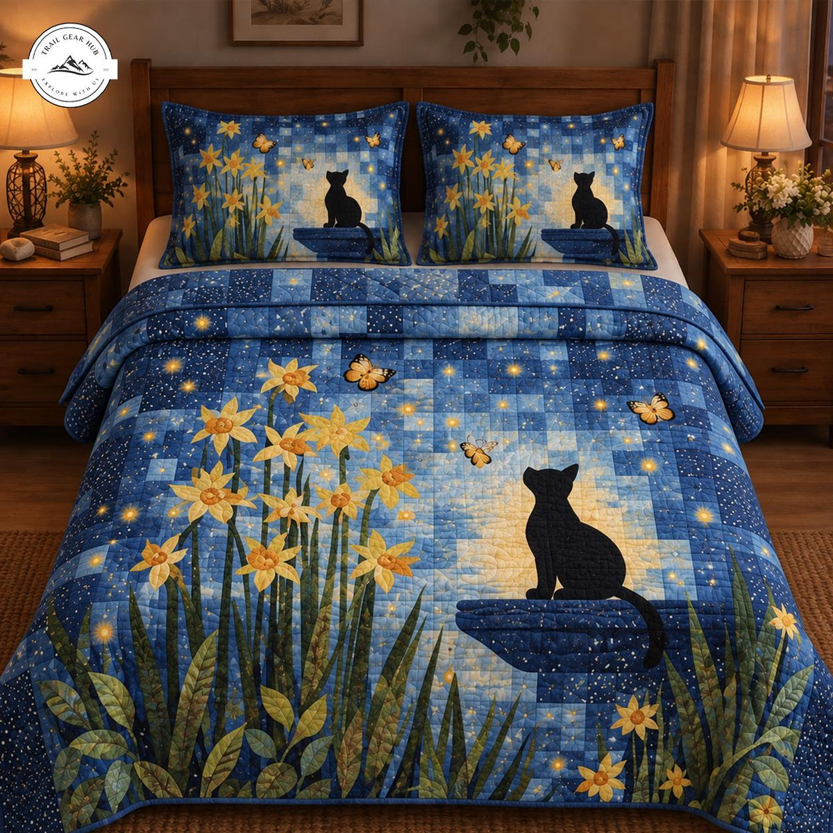 Night Sky Black Cat & Flower Quilted Bedding Set TN127