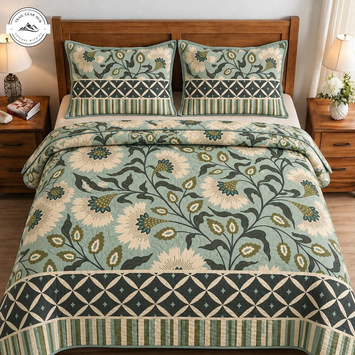 Sage Green Floral Quilted Bedding Set TN170