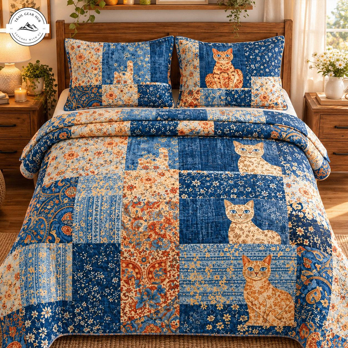 Rustic Blue & Floral Kitten Quilted Bedding Set TN172