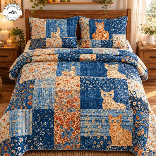 Rustic Blue & Floral Kitten Quilted Bedding Set TN172