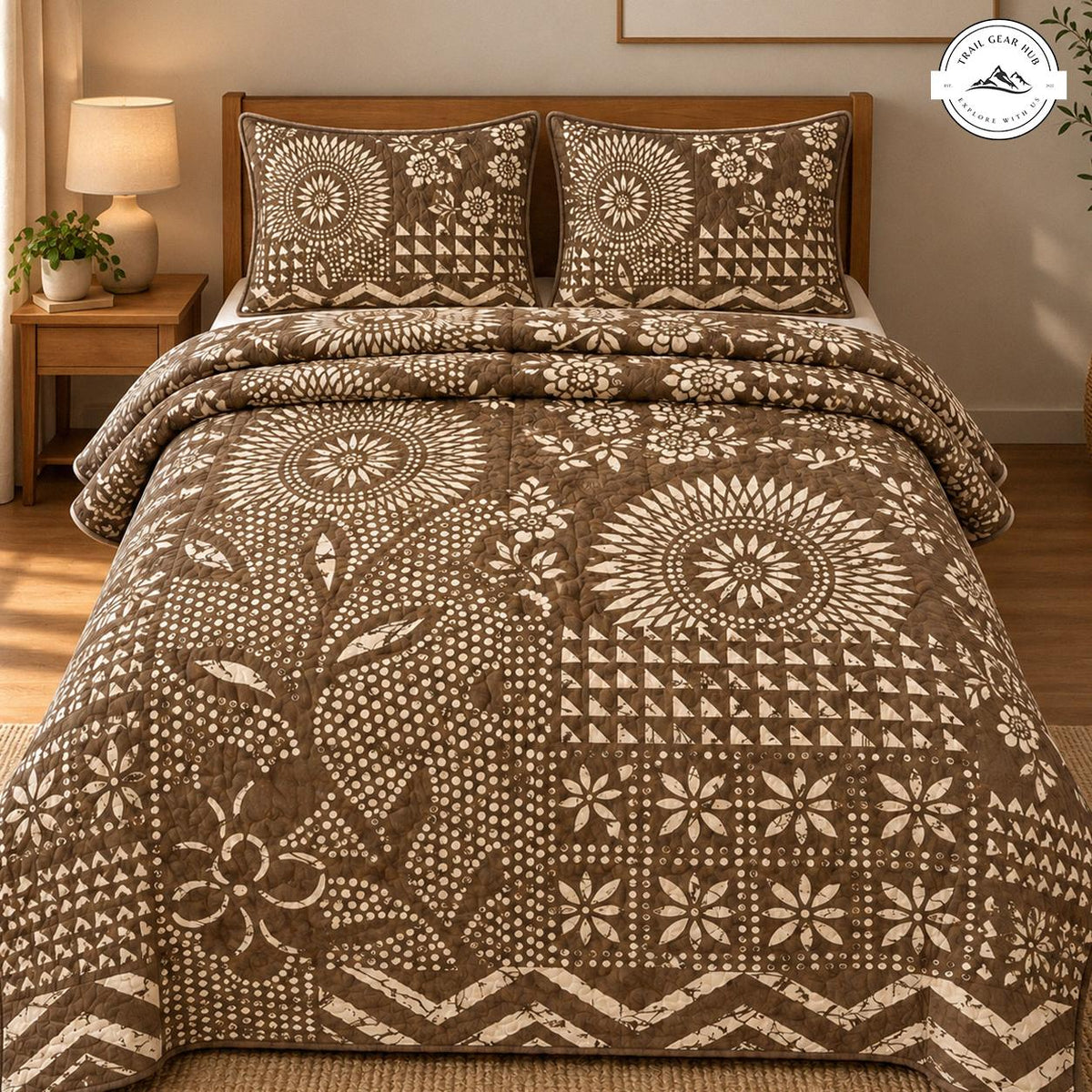 Brown Boho Floral Patchwork Quilted Bedding Set TN173