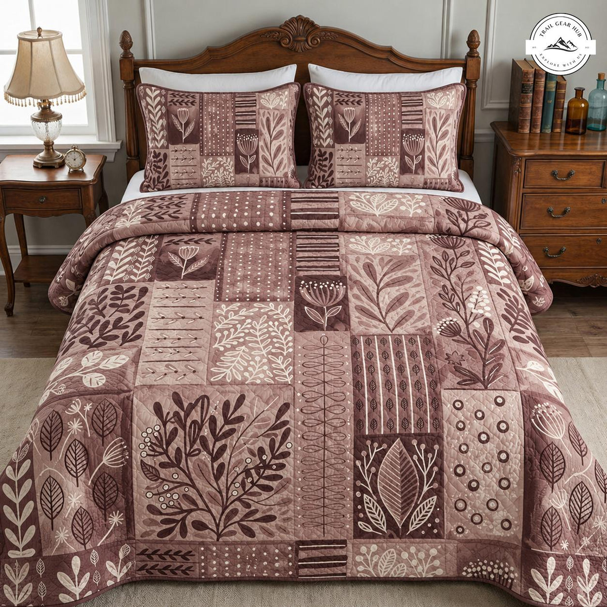 Brown Botanical Patchwork Quilted Bedding Set TN174
