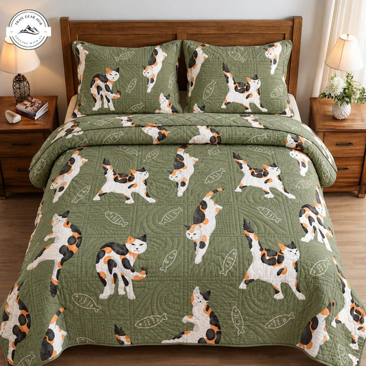 Cute Calico Cats & Fish Quilted Bedding Set TN176