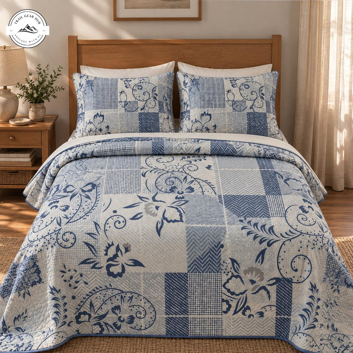 Vintage Blue Floral Quilted Bedding Set TN177