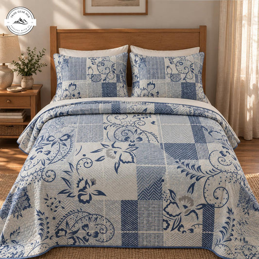 Vintage Blue Floral Quilted Bedding Set TN177