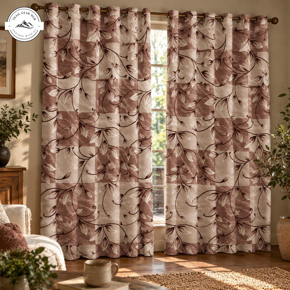 Brown Floral Patchwork Grommet Curtains TN187GRMCT